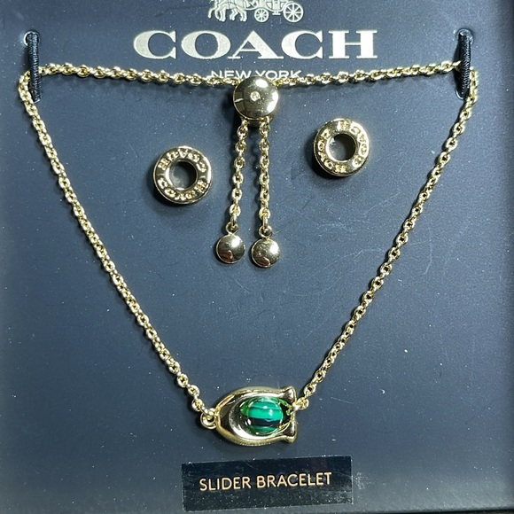 NIB COACH Signature With Malachite Slider Bracelet & Open Circle Earrings Set - Picture 4 of 15